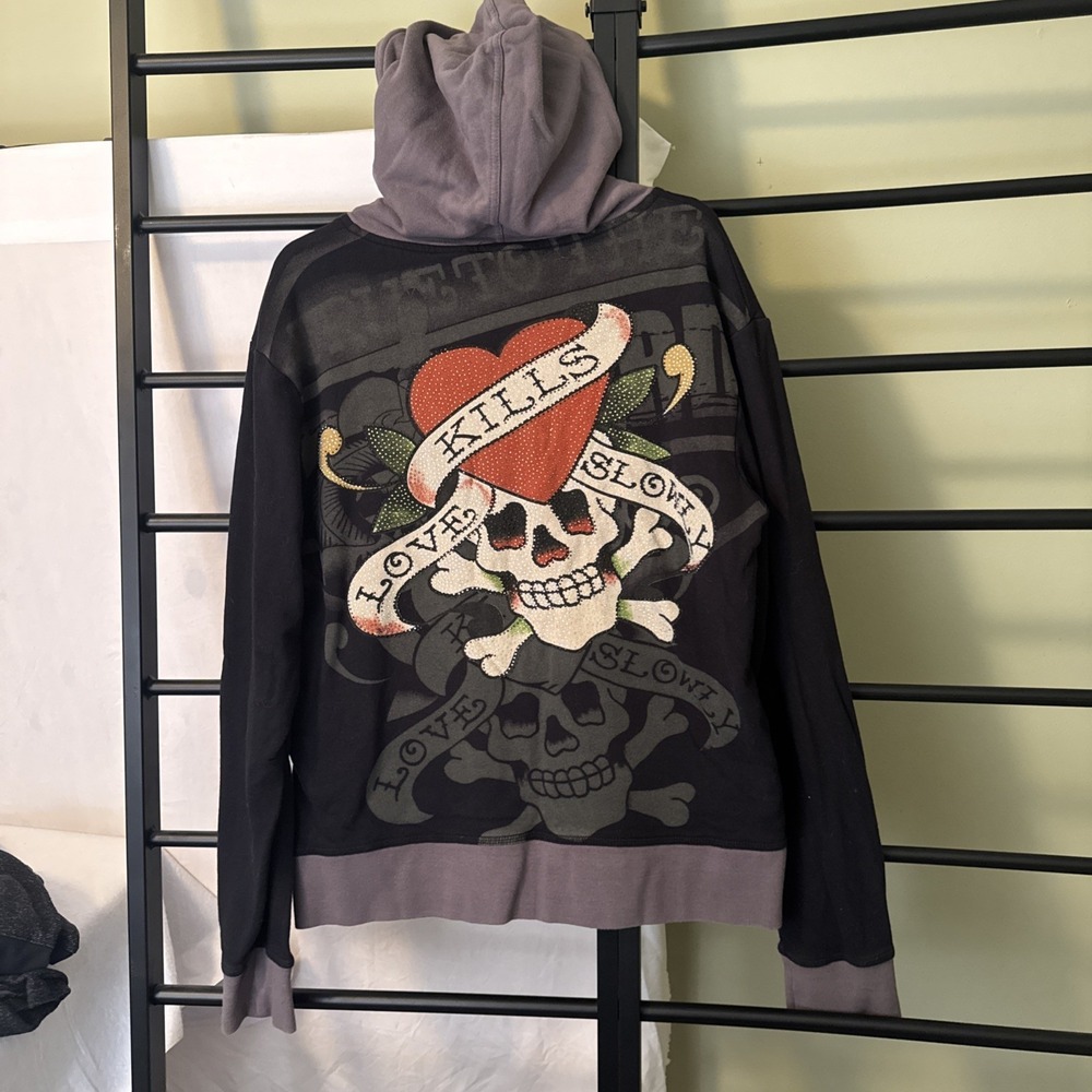 True Vintage Ed Hardy Jacket Love Kills Slowly Rhinestone Skull Mens L Women XL